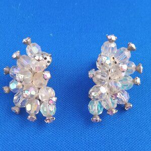 Vintage mid century AB rhinestone and bead clip on earrings